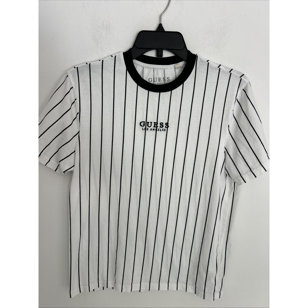Official Guest Men's Medium Short Sleeve White‎ Black Stripe T-Shirt 100% Cotton